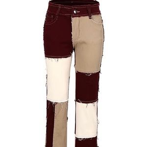 Women Patchwork Straight Leg Jean Mid Rise Stretch